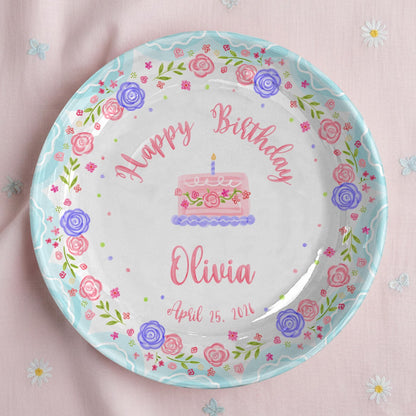 Cake with Pink and Purple Flowers Personalized Birthday Plate P295MJ0