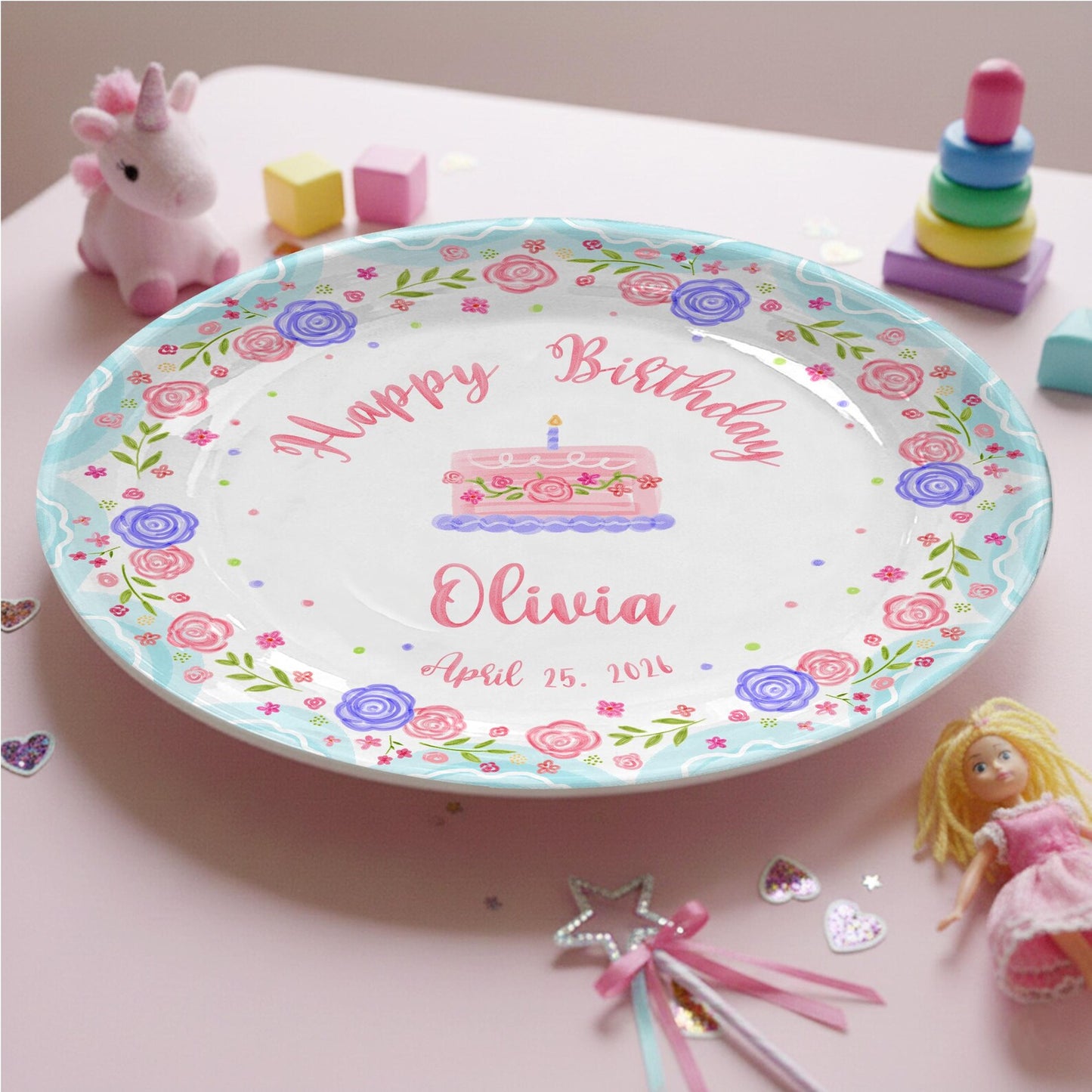 Cake with Pink and Purple Flowers Personalized Birthday Plate P295MJ0