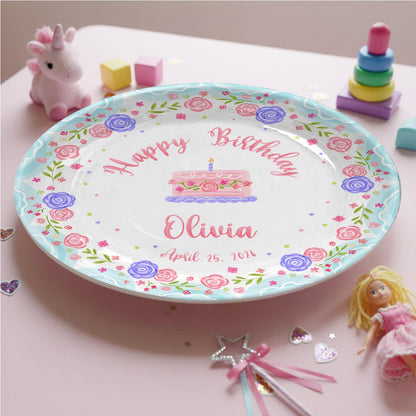 Cake with Pink and Purple Flowers Personalized Birthday Plate P295MJ0