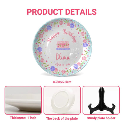 Cake with Pink and Purple Flowers Personalized Birthday Plate P295MJ0