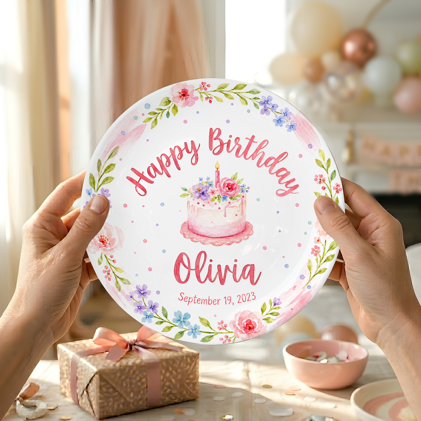 Pink Floral Wreath with Flower Cake Personalized Birthday Plate P47RQM0