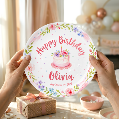 Pink Floral Wreath with Flower Cake Personalized Birthday Plate P47RQM0