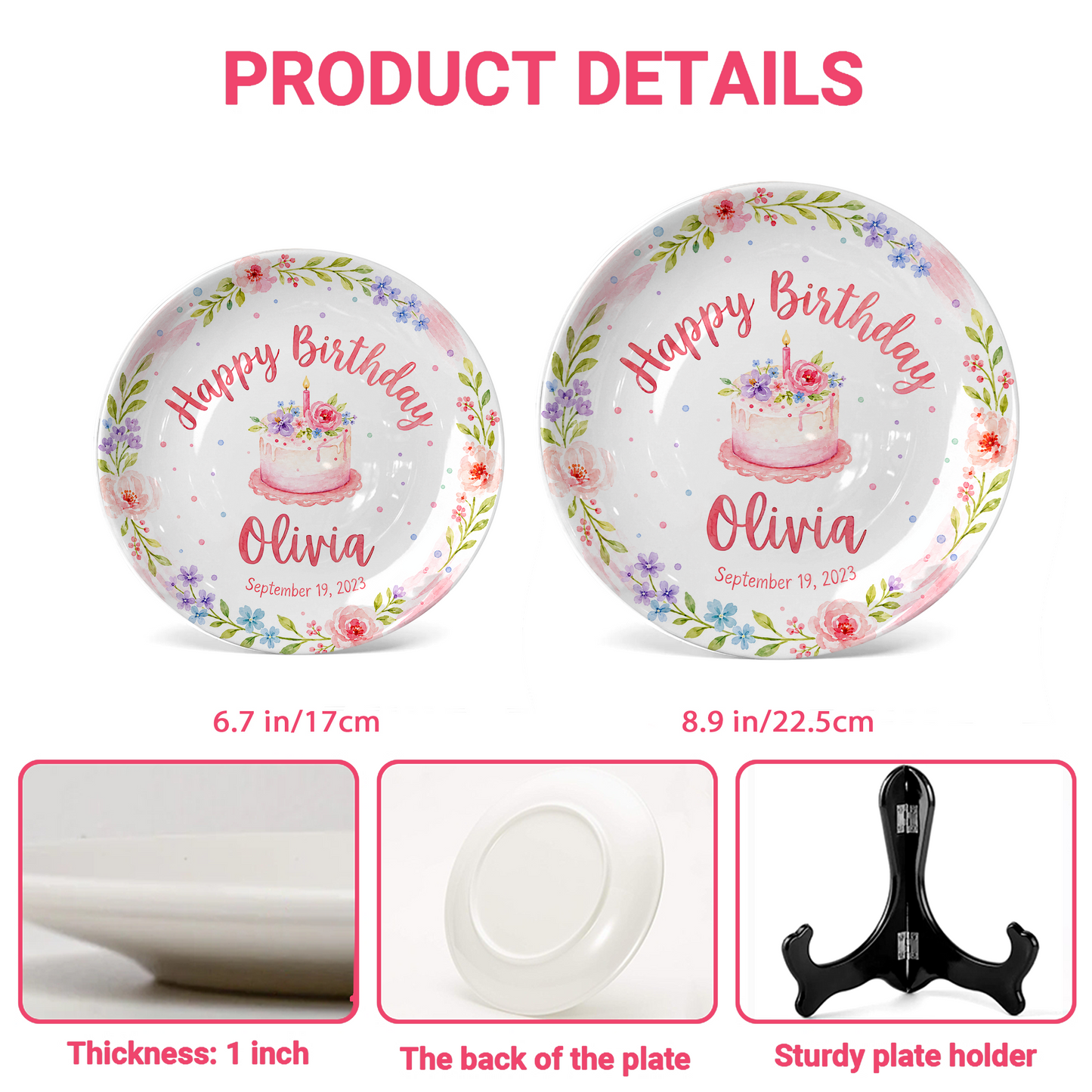 Pink Floral Wreath with Flower Cake Personalized Birthday Plate P47RQM0