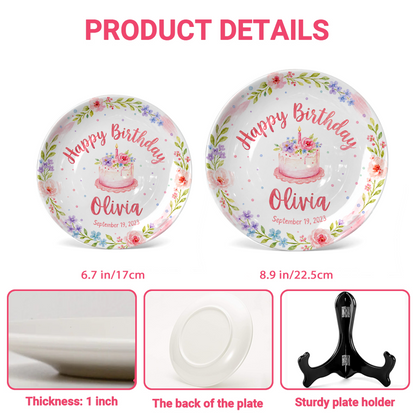 Pink Floral Wreath with Flower Cake Personalized Birthday Plate P47RQM0