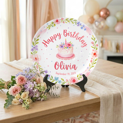 Pink Floral Wreath with Flower Cake Personalized Birthday Plate P47RQM0