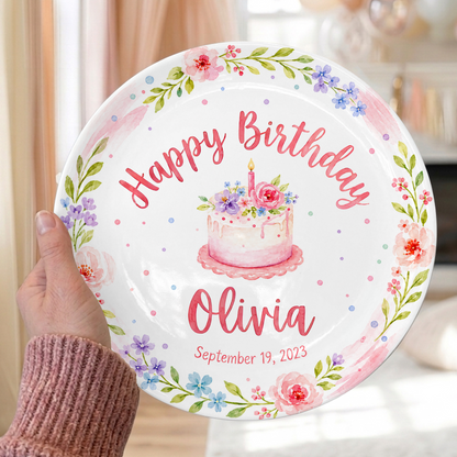 Pink Floral Wreath with Flower Cake Personalized Birthday Plate P47RQM0