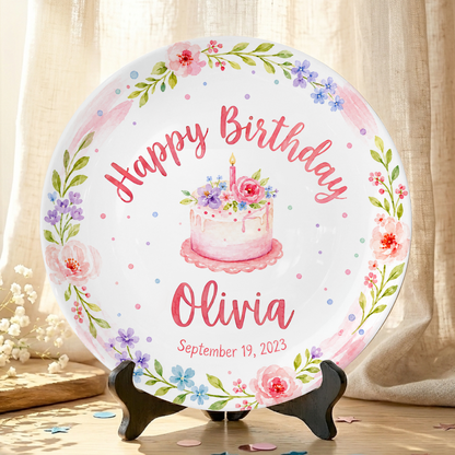 Pink Floral Wreath with Flower Cake Personalized Birthday Plate P47RQM0