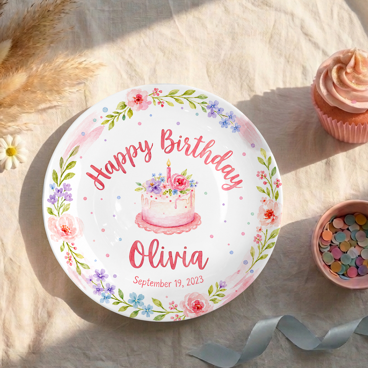Pink Floral Wreath with Flower Cake Personalized Birthday Plate P47RQM0