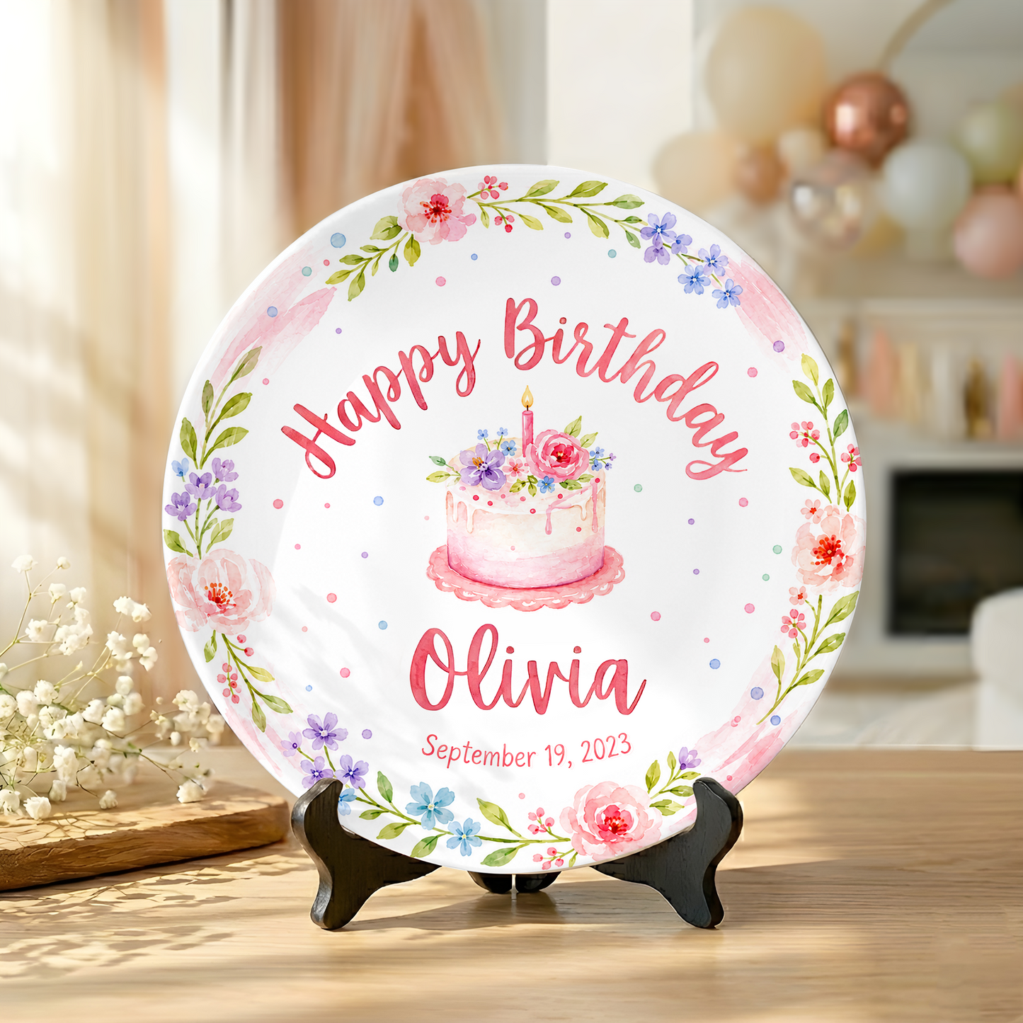 Pink Floral Wreath with Flower Cake Personalized Birthday Plate P47RQM0