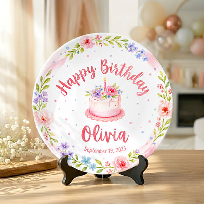 Pink Floral Wreath with Flower Cake Personalized Birthday Plate P47RQM0