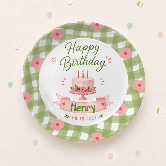 Green Gingham Floral Border with Pink Cake and Custom Name Banner Personalized Birthday Plate P514PVJ0
