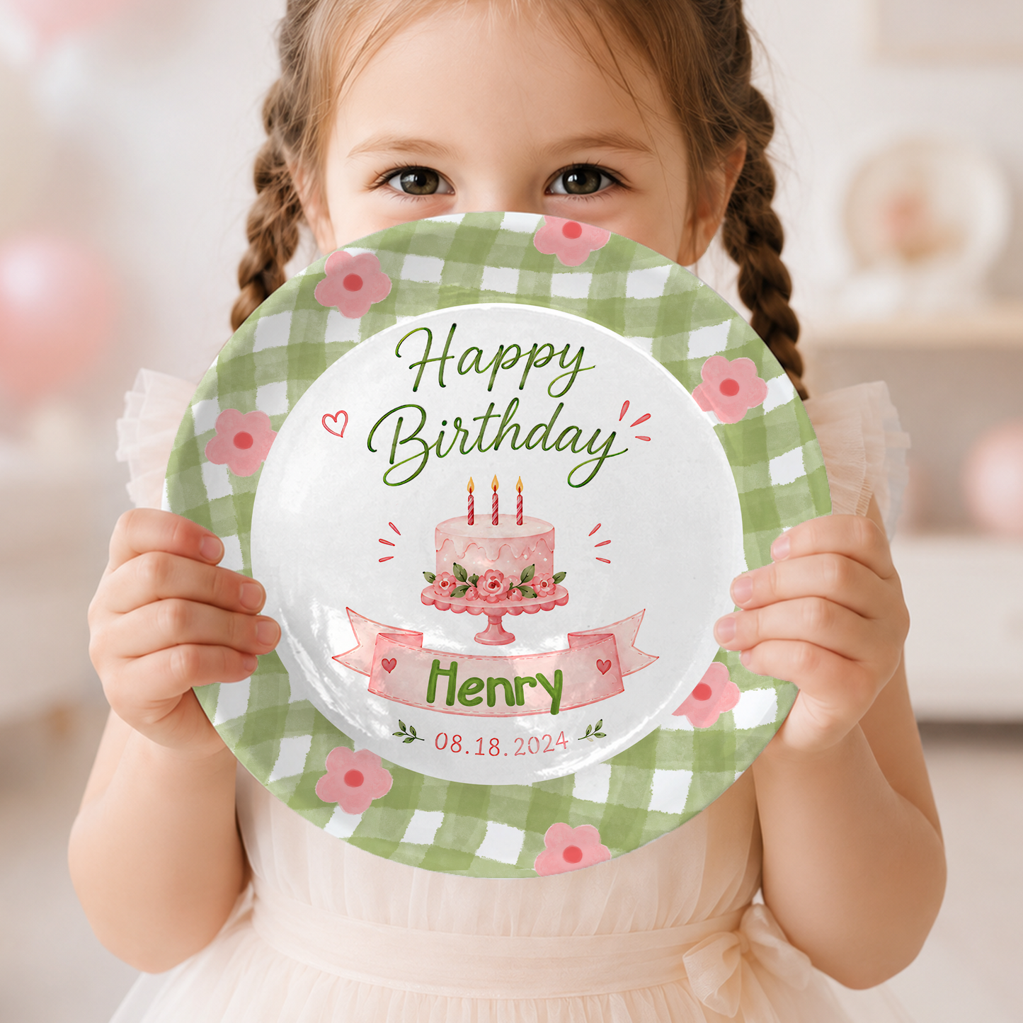 Green Gingham Floral Border with Pink Cake and Custom Name Banner Personalized Birthday Plate P514PVJ0