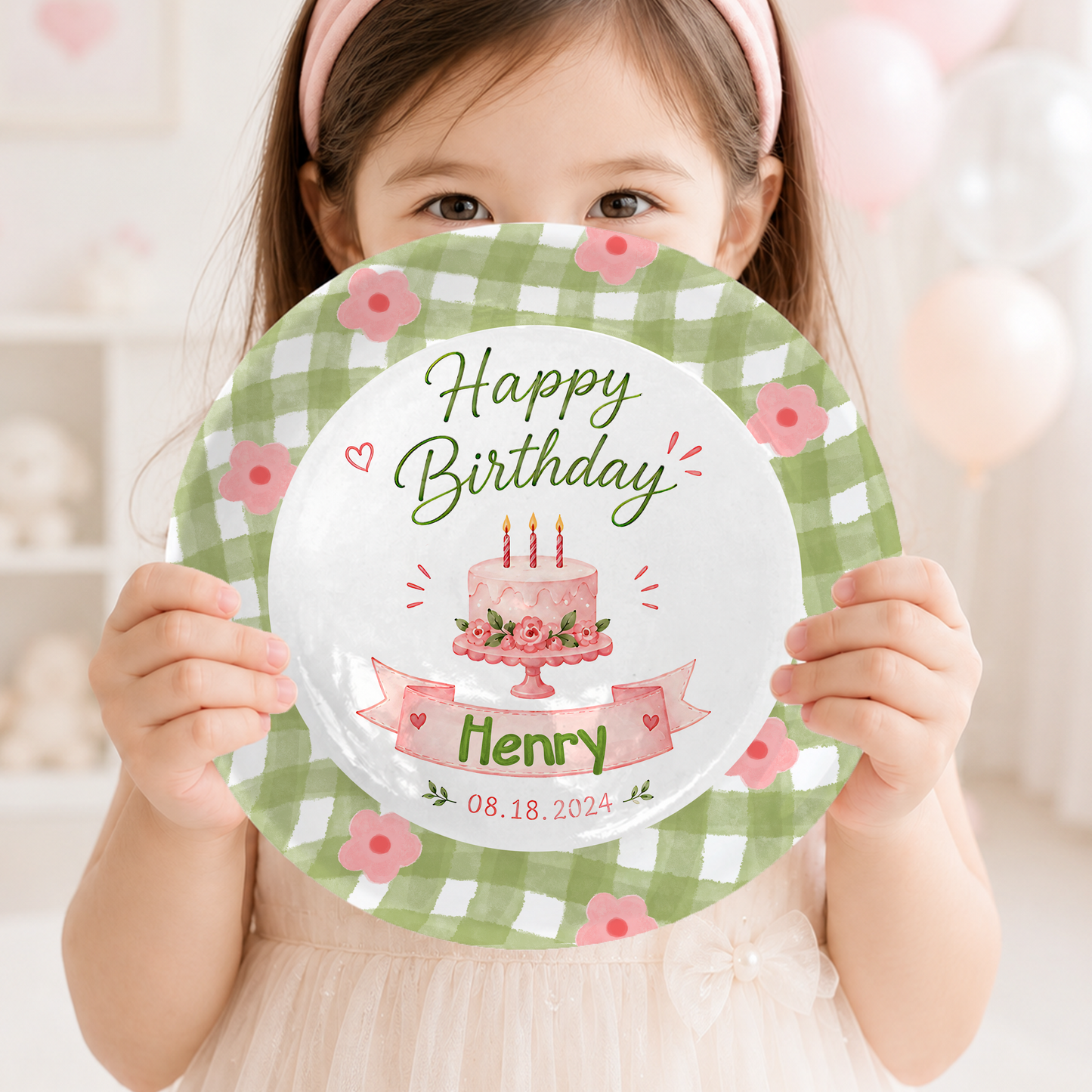 Green Gingham Floral Border with Pink Cake and Custom Name Banner Personalized Birthday Plate P514PVJ0