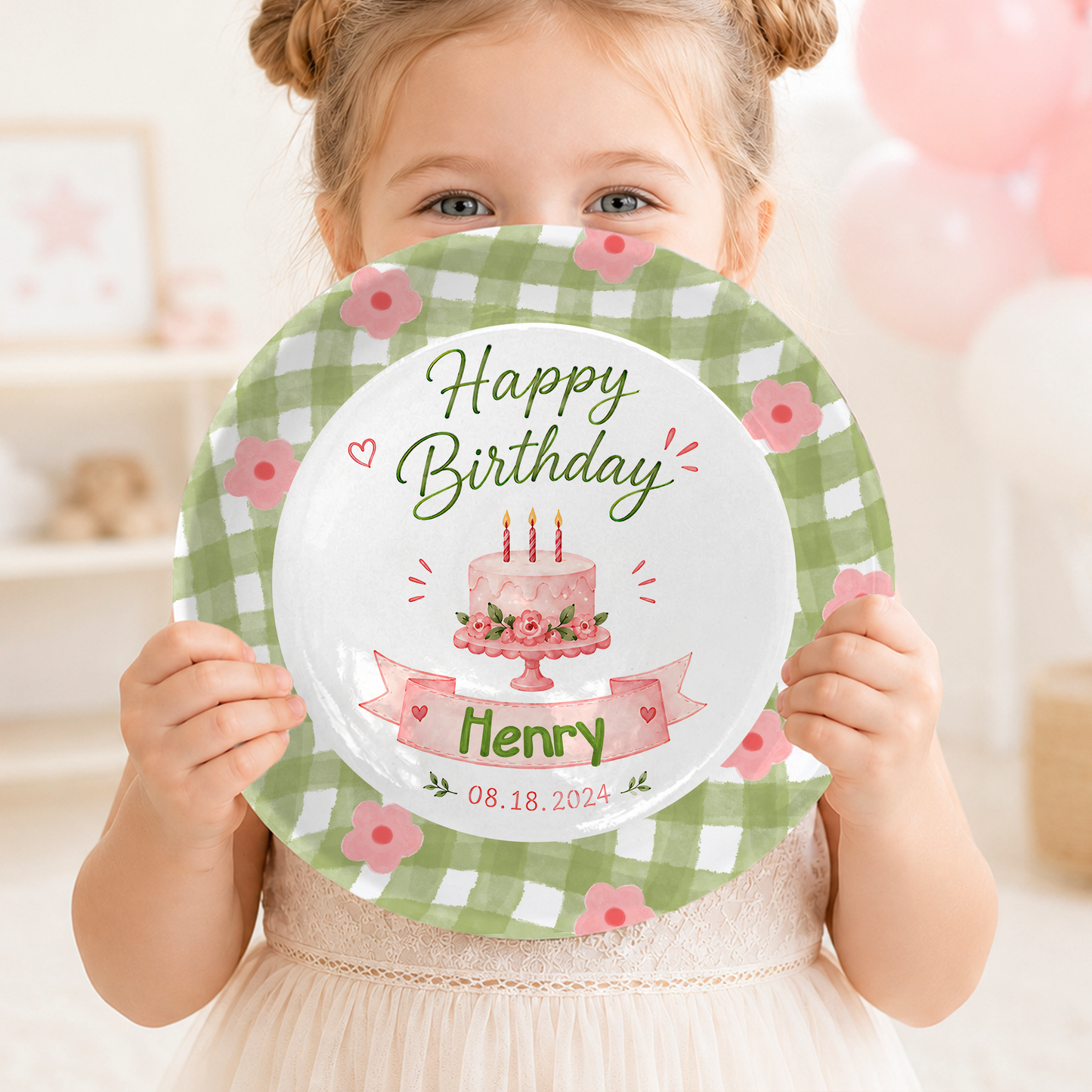 Green Gingham Floral Border with Pink Cake and Custom Name Banner Personalized Birthday Plate P514PVJ0
