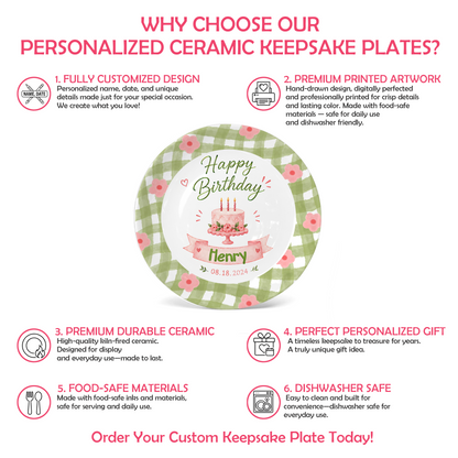 Green Gingham Floral Border with Pink Cake and Custom Name Banner Personalized Birthday Plate P514PVJ0