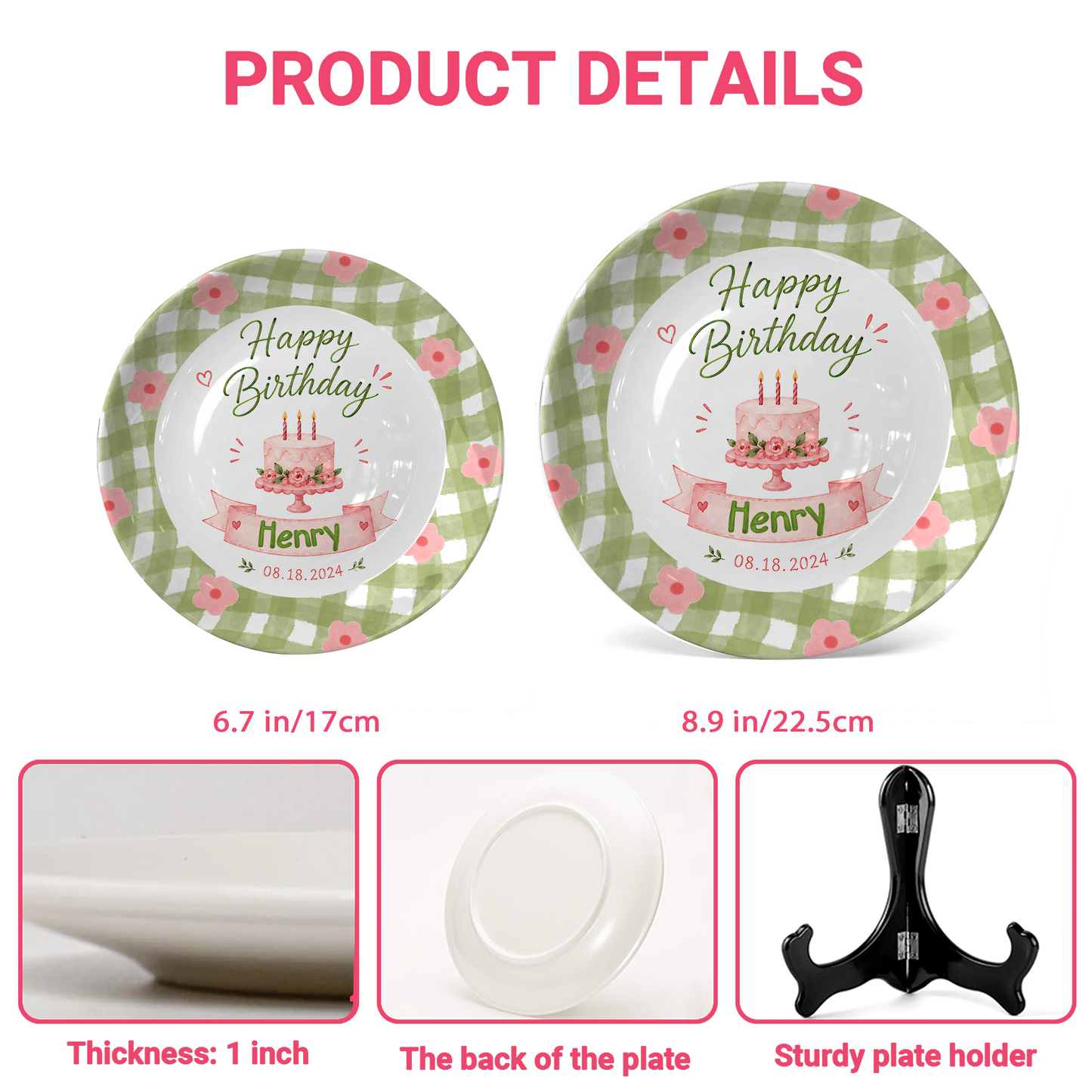 Green Gingham Floral Border with Pink Cake and Custom Name Banner Personalized Birthday Plate P514PVJ0
