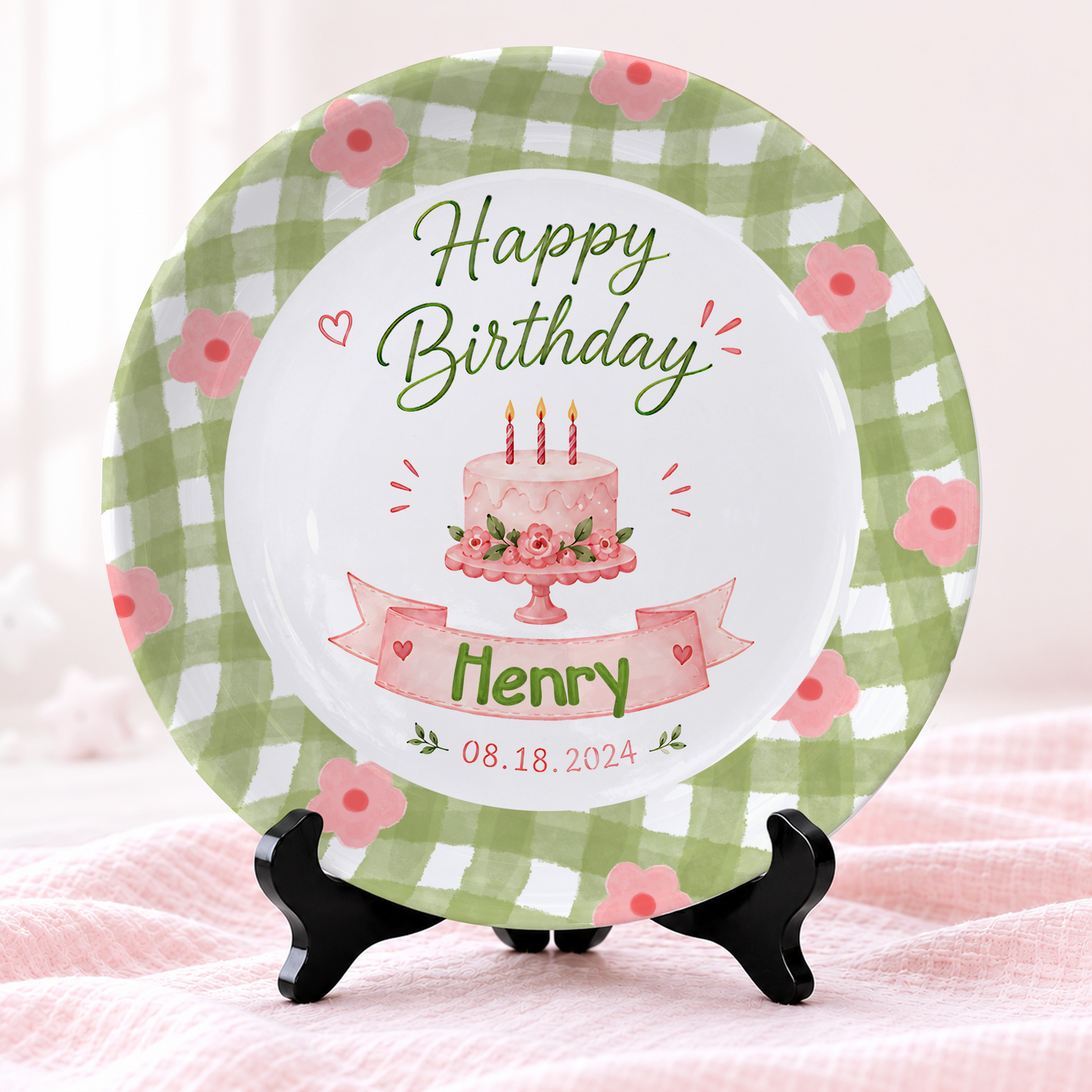 Green Gingham Floral Border with Pink Cake and Custom Name Banner Personalized Birthday Plate P514PVJ0