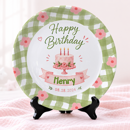 Green Gingham Floral Border with Pink Cake and Custom Name Banner Personalized Birthday Plate P514PVJ0