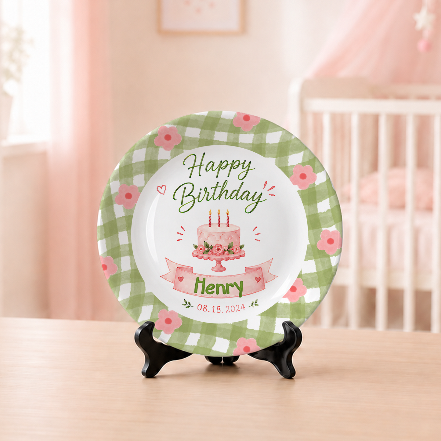 Green Gingham Floral Border with Pink Cake and Custom Name Banner Personalized Birthday Plate P514PVJ0