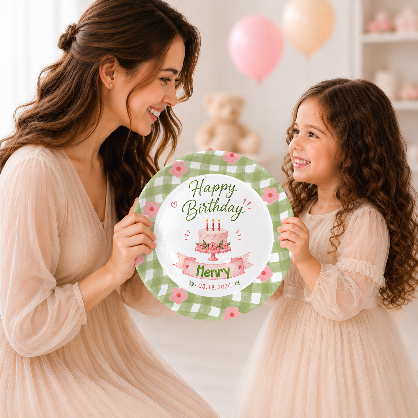 Green Gingham Floral Border with Pink Cake and Custom Name Banner Personalized Birthday Plate P514PVJ0