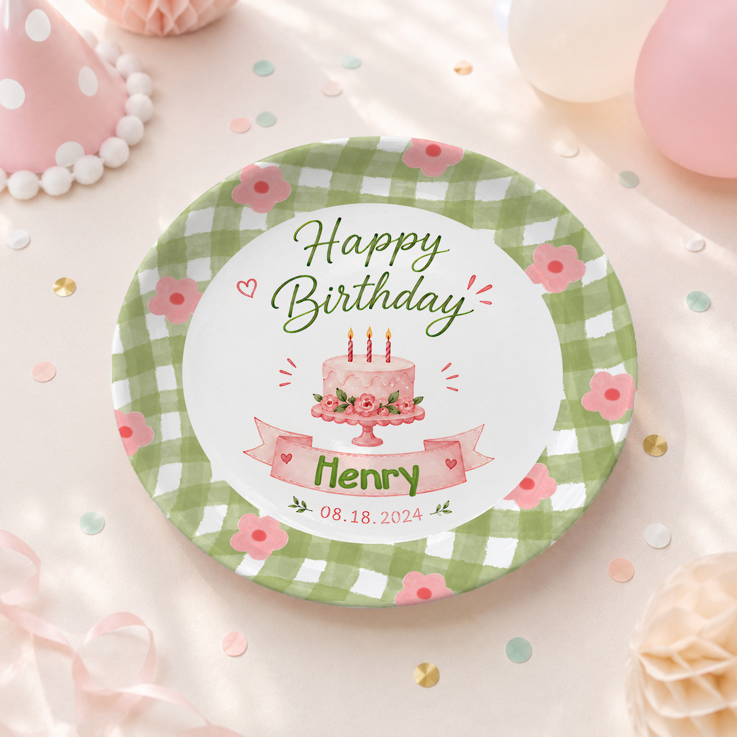 Green Gingham Floral Border with Pink Cake and Custom Name Banner Personalized Birthday Plate P514PVJ0