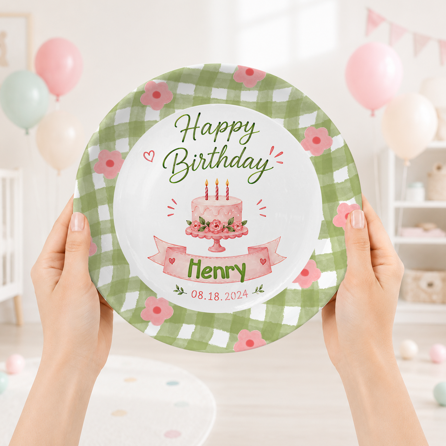 Green Gingham Floral Border with Pink Cake and Custom Name Banner Personalized Birthday Plate P514PVJ0