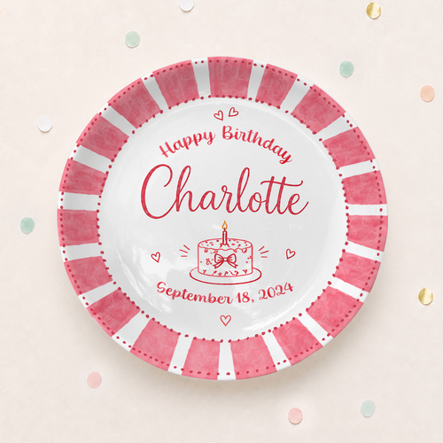 Pink Candy Stripe Birthday Cake Personalized Birthday Plate P514ZFC0
