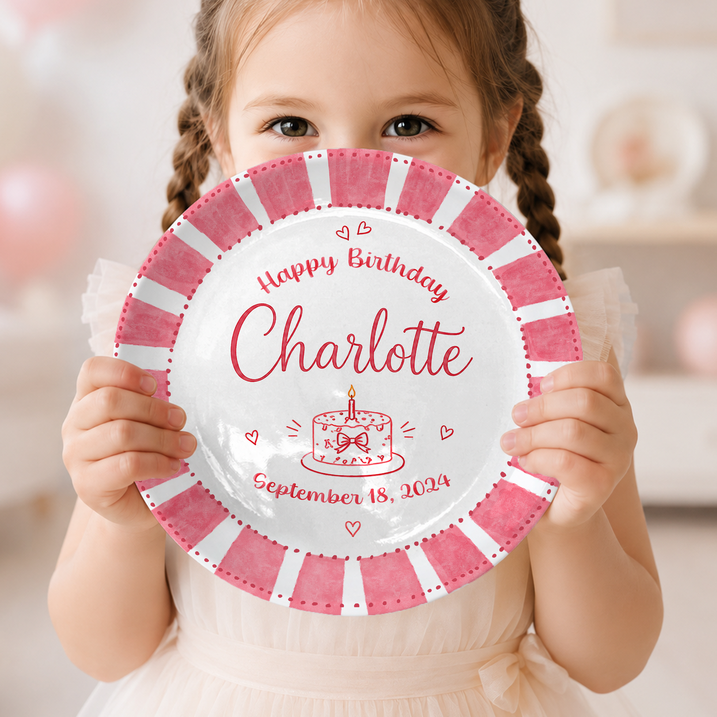 Pink Candy Stripe Birthday Cake Personalized Birthday Plate P514ZFC0