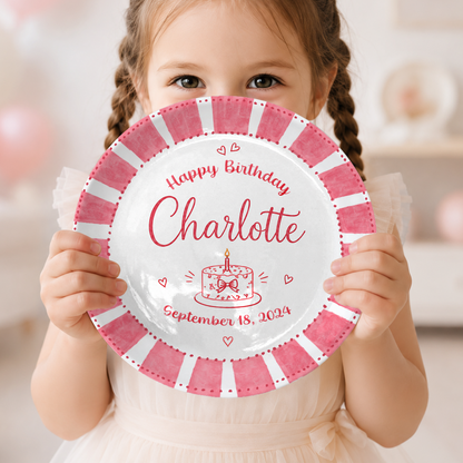 Pink Candy Stripe Birthday Cake Personalized Birthday Plate P514ZFC0