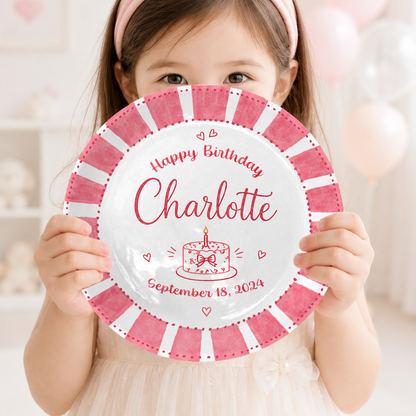 Pink Candy Stripe Birthday Cake Personalized Birthday Plate P514ZFC0