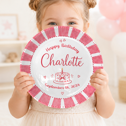 Pink Candy Stripe Birthday Cake Personalized Birthday Plate P514ZFC0