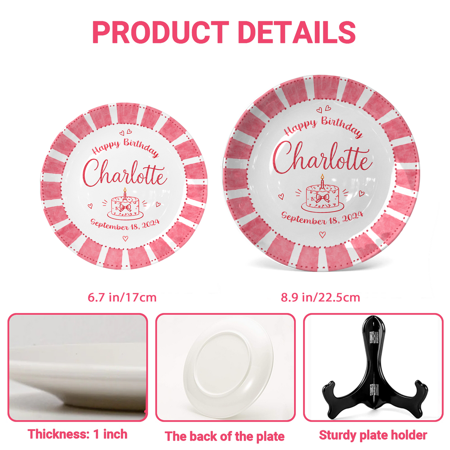 Pink Candy Stripe Birthday Cake Personalized Birthday Plate P514ZFC0