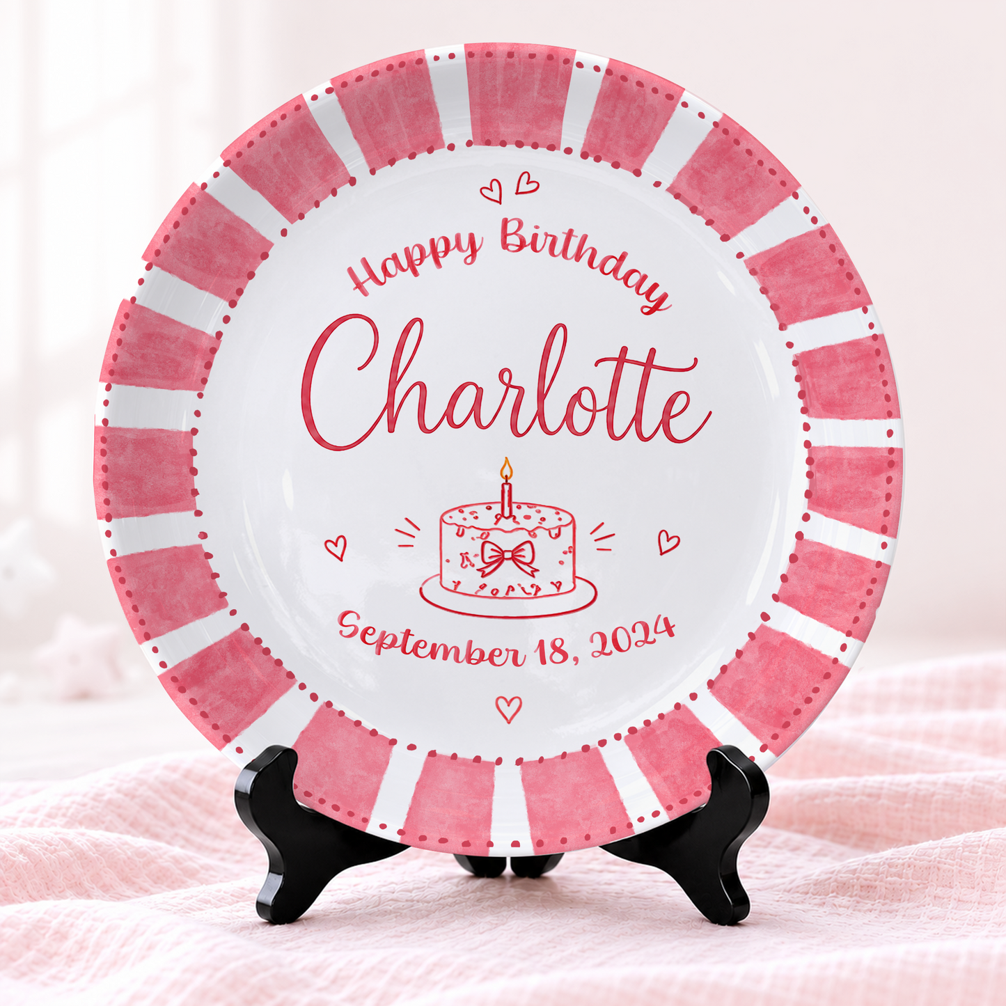 Pink Candy Stripe Birthday Cake Personalized Birthday Plate P514ZFC0
