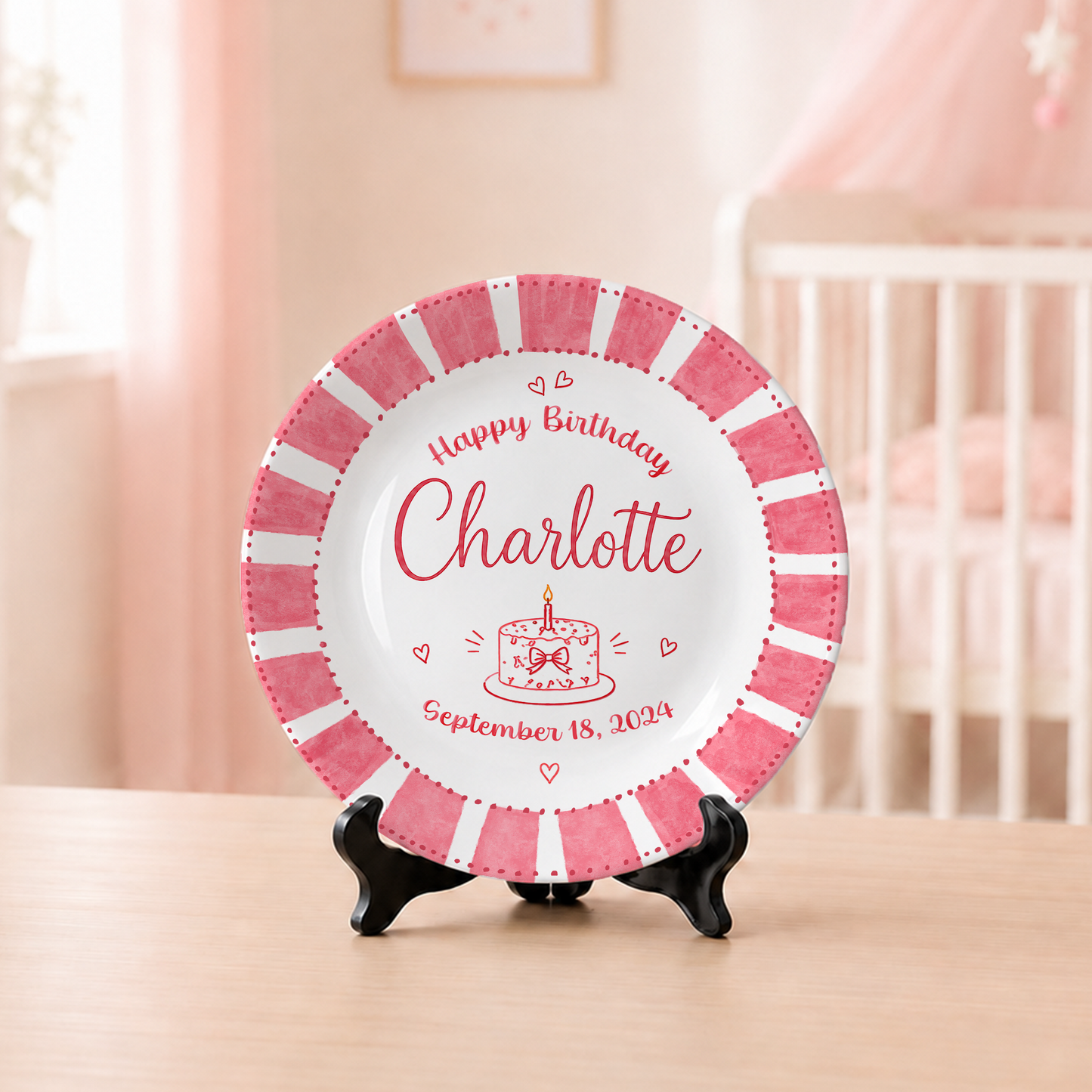 Pink Candy Stripe Birthday Cake Personalized Birthday Plate P514ZFC0