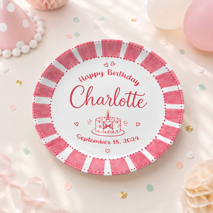 Pink Candy Stripe Birthday Cake Personalized Birthday Plate P514ZFC0