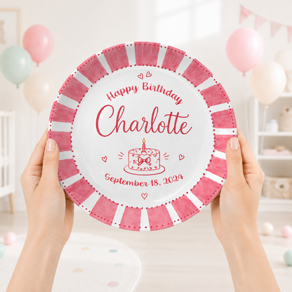 Pink Candy Stripe Birthday Cake Personalized Birthday Plate P514ZFC0