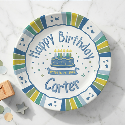 Blue Green Striped Border with Star Confetti Personalized Birthday Plate P526USD0