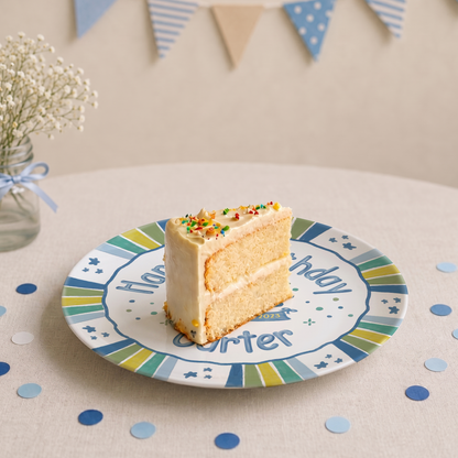 Blue Green Striped Border with Star Confetti Personalized Birthday Plate P526USD0