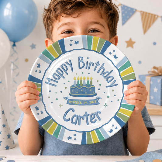 Blue Green Striped Border with Star Confetti Personalized Birthday Plate P526USD0
