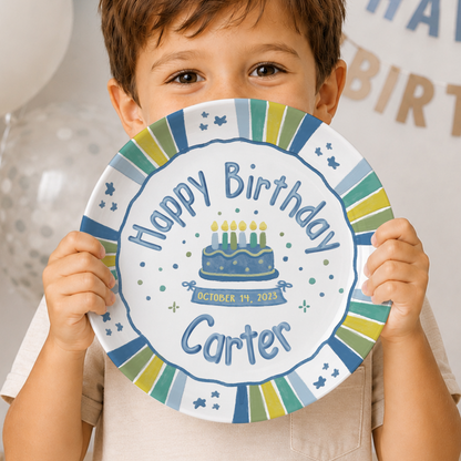 Blue Green Striped Border with Star Confetti Personalized Birthday Plate P526USD0