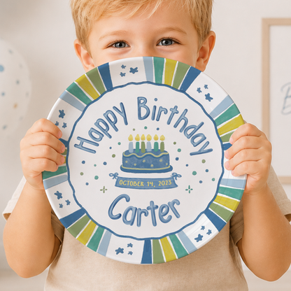 Blue Green Striped Border with Star Confetti Personalized Birthday Plate P526USD0