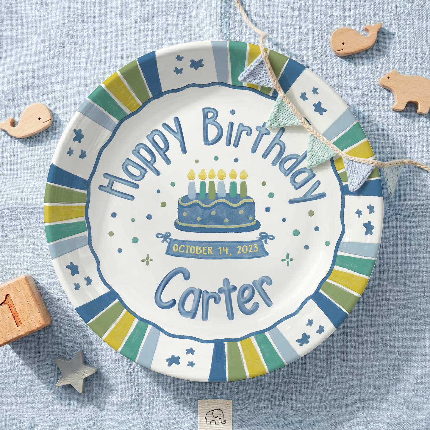Blue Green Striped Border with Star Confetti Personalized Birthday Plate P526USD0