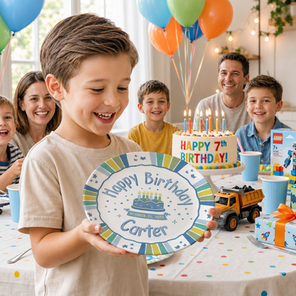 Blue Green Striped Border with Star Confetti Personalized Birthday Plate P526USD0