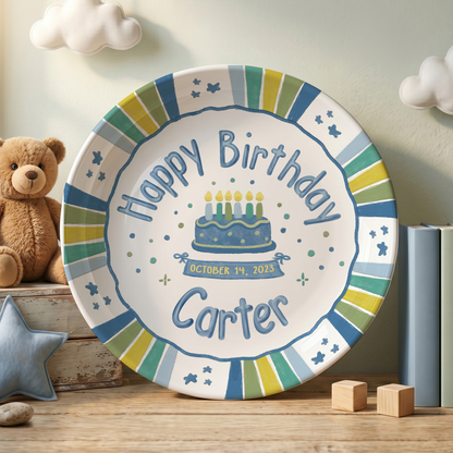 Blue Green Striped Border with Star Confetti Personalized Birthday Plate P526USD0