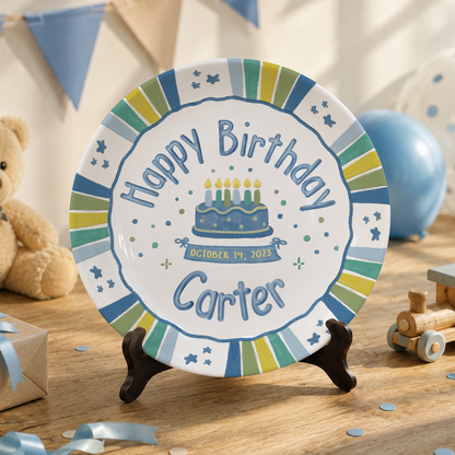 Blue Green Striped Border with Star Confetti Personalized Birthday Plate P526USD0
