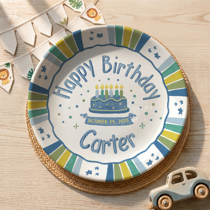 Blue Green Striped Border with Star Confetti Personalized Birthday Plate P526USD0