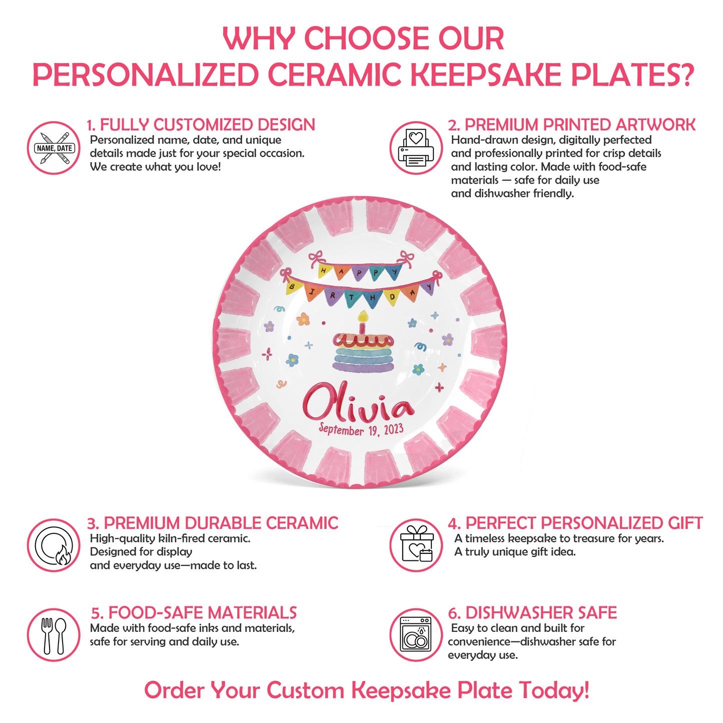 Pink Banner Cake Personalized Birthday Plate P526VNQ0