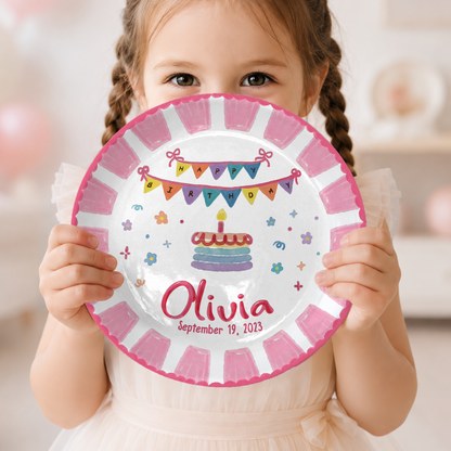 Pink Banner Cake Personalized Birthday Plate P526VNQ0
