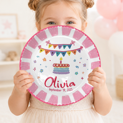 Pink Banner Cake Personalized Birthday Plate P526VNQ0
