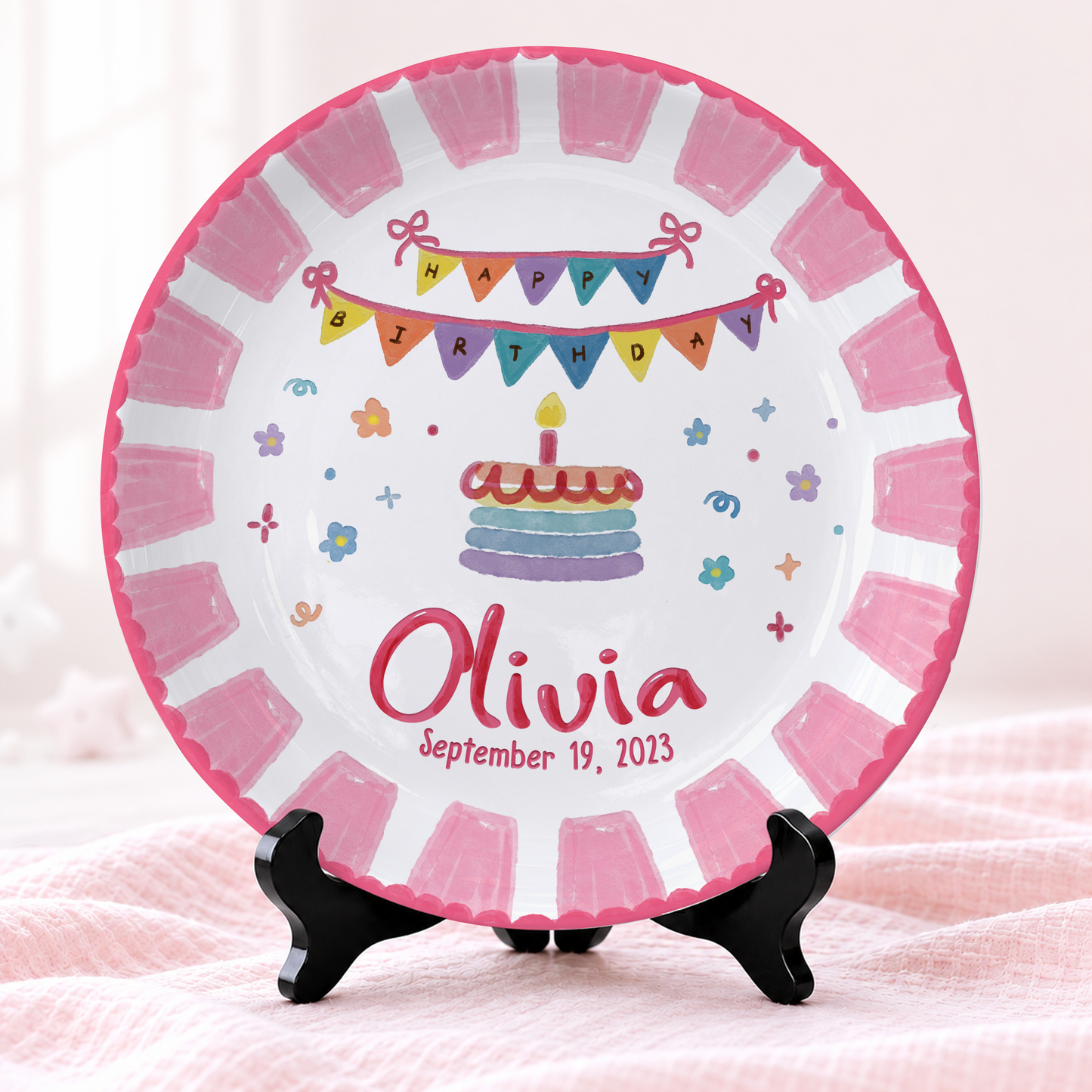 Pink Banner Cake Personalized Birthday Plate P526VNQ0